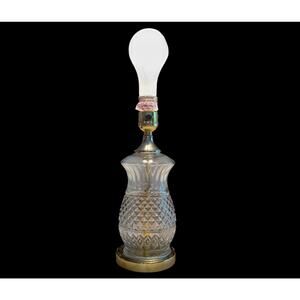 Vintage Mini Table Vanity Lamp 11" Brass Colored Metal Diamond Patterned Glass